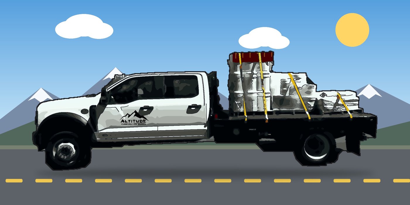 Cartoon of the Altitude Construction Supply flatbed truck loaded with palletized material